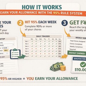 May include: Infographic detailing a chore allowance system. It shows steps to earn money, including tracking chores, completing 95% weekly, and receiving payment. Includes a daily tracker, weekly summary, and a payout of $10.00.