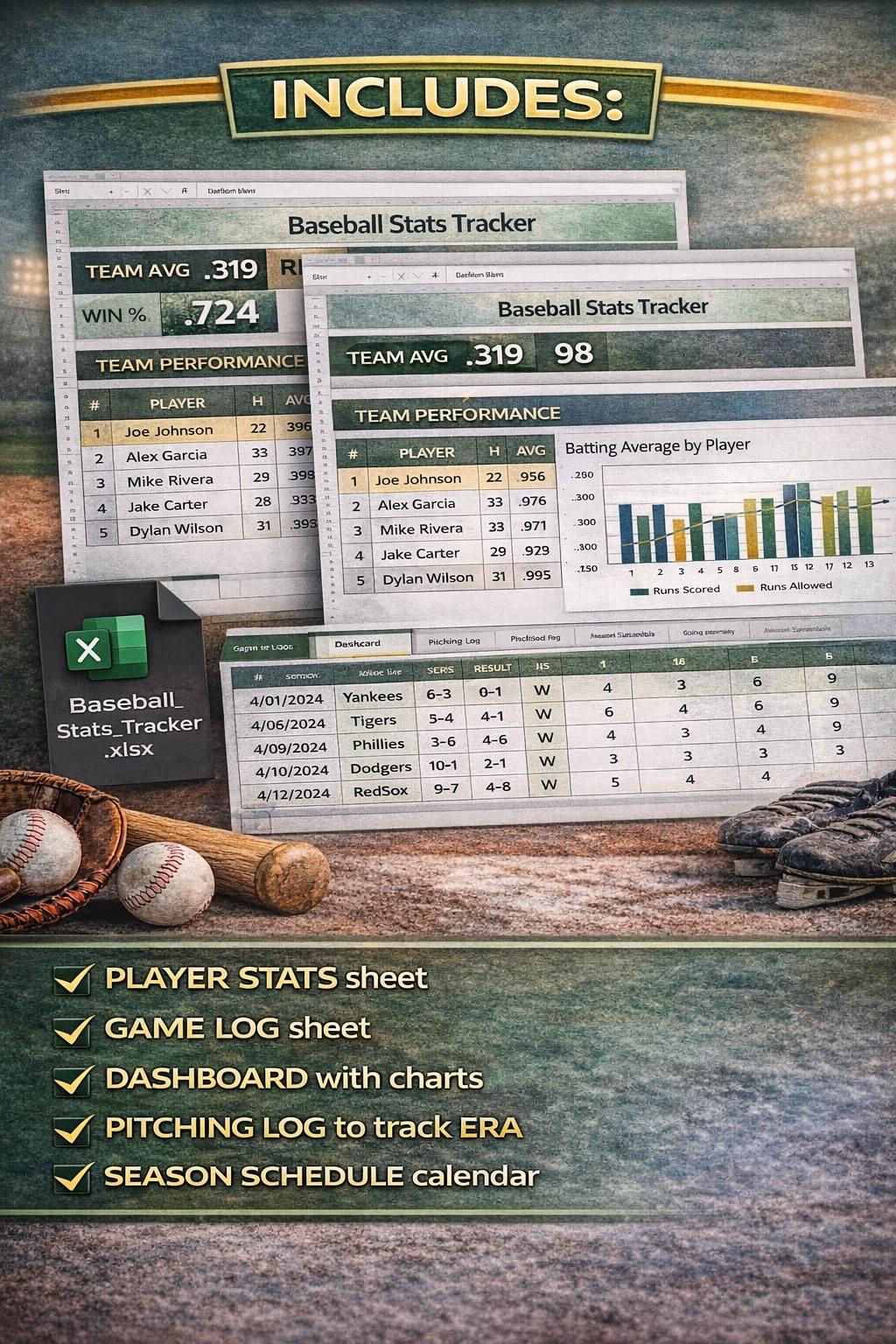 Baseball Stats Tracker Excel Template | Little League Player Stats ...