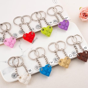 Personalized Heart Keychain Set, Colorful Brick Initial Charms