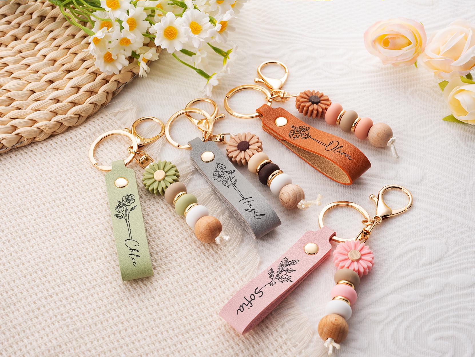 Personalized Daisy Beaded Keychain,custom Faux Leather Keyring