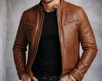 Handmade Distressed Brown Leather Biker Jacket, Slim Fit Moto Style, Gift For Him