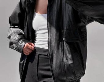 Oversized Black Sheepskin Leather Bomber Jacket – Women's Full Grain Coat