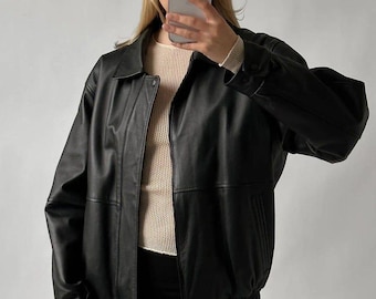 Oversized Black Sheep Leather Bomber Jacket – Handmade Minimalist Outerwear, Gift For Her