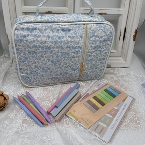 May include: A light blue floral print cosmetic bag with a white zipper and handle. Assorted pens, sticky notes, and a ruler are arranged on a white lace surface. The text "GOD CREATED YOU BEAUTIFUL" is visible.