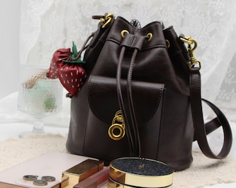 Handmade Strawberries With PU Leather Bucket Bags Drawstring Crossbody Purse for Women with 2 Straps Tote Handbags Vegan Dark Brown