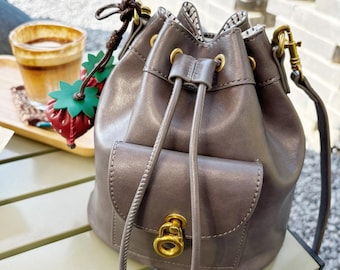 Handmade Strawberries With PU Leather Bucket Bags Drawstring Crossbody Purse for Women with 2 Straps Tote Handbags Vegan Gray