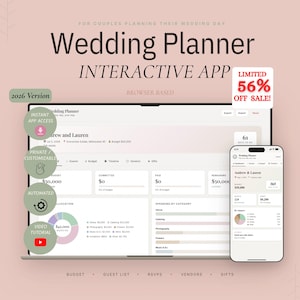 May include: A digital wedding planner app displayed on a laptop and smartphone. The app interface shows budget tracking, guest lists, and vendor details. Text includes "Wedding Planner" and "Interactive App". A sale banner reads "Limited 56% Off Sale!"