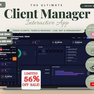 May include: A digital interface for a client management app, displayed on a laptop and smartphone. The app features a dark theme with financial data, task tracking, and a 56% off sale. Text includes "Client Manager" and "Instant Download."