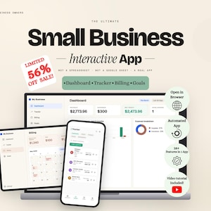 May include: An advertisement for a small business interactive app. The image shows a laptop, tablet, and smartphone displaying the app's dashboard, tracker, and billing features. Text includes "Limited 56% Off Sale!" and "Dashboard, Tracker, Billing, Goals."