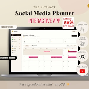 Den interaktiva appen för innehållsplanerare för sociala medier, den ultimata marknadsföringsappen för efterplanering, utan Excel/ark, automatiserad webbapp, uppdaterad version