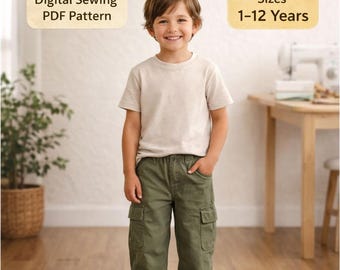 Patrón de pantalones cargo para niños / Patrón de costura fácil de pantalones con cintura elástica en PDF / Tallas para niños y niñas de 1 a 12 años / A0, A4, Carta de EE. UU.