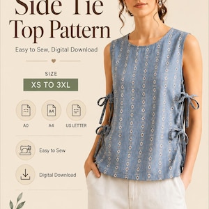 Side Tie Top Sewing Pattern, Easy Women Blouse Pattern, Tank Top Pattern, Summer Top PDF, Digital Download, Beginner Sewing Pattern