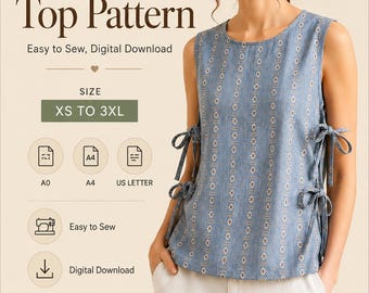 Side Tie Top Sewing Pattern, Easy Women Blouse Pattern, Tank Top Pattern, Summer Top PDF, Digital Download, Beginner Sewing Pattern