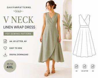 V Neck Linen Wrap Dress Sewing Pattern, Women's Wrap Dress PDF, Sleeveless Dress Pattern, Summer Dress Pattern, Midi Dress Sewing Pattern