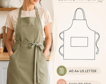 Patrón de costura de delantal ajustable en PDF, patrón de delantal de cocina y delantal para mujeres y hombres, tutorial ilustrado, descarga digital.