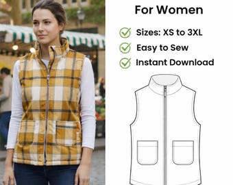 Patrón de chaleco acolchado para mujer, tallas XS a 3XL, patrón de top de algodón, patrón de chaleco para mujer, patrón de chaleco acolchado, chaleco sin mangas