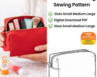 Patrón de costura para neceser de maquillaje en PDF / Patrón para neceser de cosméticos y artículos de tocador / Estuche acolchado con cremallera / Estuche de viaje / 3 tamaños / Apto para principiantes