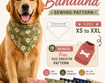 Cartamodello per bandana per cani, cartamodello per abbigliamento per cani, cartamodello PDF per bandana per animali domestici, bandana reversibile con chiusura a scatto, cartamodello fai da te, taglie dalla XS alla 2XL