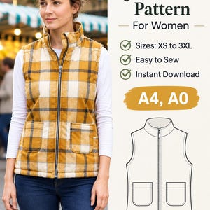 Op de afbeelding: Een patroon voor een gewatteerd vest met een mosterdgeel, wit en zwart ruitpatroon, een ritssluiting aan de voorzijde en twee opgestikte zakken. De tekst luidt Quilted Vest Pattern For Women, Sizes: XS to 3XL, Easy to Sew, Instant Download, A4, A0.