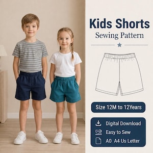 Peut inclure: Un patron de couture numérique pour short d'enfant, avec le texte Kids Shorts Sewing Pattern, Size 12M to 12Years, Digital Download, Easy to Sew, A0 A4 US Letter, et un dessin technique de short à taille élastique et ourlets.