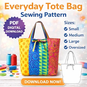 Patrón de costura para bolso de mano de uso diario en PDF: bolso DIY fácil de usar, opciones con base acolchada y cuadrada, descarga digital, tallas S-M-L-S