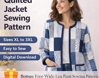 Quilted Jacket Sewing Pattern for Women – Quilted patchwork Coat PDF, Easy Beginner Friendly