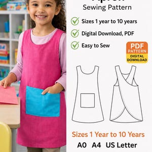 May include: A young girl wearing a pink apron with a blue pocket, showcasing a sewing pattern for kids' cross-back aprons. The pattern is a digital download, available in sizes 1 to 10 years, and includes a bonus women's apron pattern.