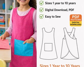 Kids Apron Sewing Pattern | Japanese Apron for Toddlers & Kids 1–10 Years | Reversible Apron with Pocket | PDF Digital Download