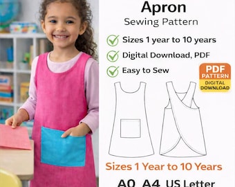 Kids Apron Sewing Pattern | Japanese Apron for Toddlers & Kids 1–10 Years | Reversible Apron with Pocket | PDF Digital Download