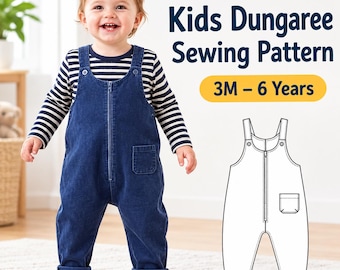 Könnte beinhalten: Ein Schnittmuster für Kinderlatzhosen, beschriftet mit 3M – 6 Years, zeigt eine dunkelblaue Jeanslatzhose mit Frontreißverschluss, Schulterknöpfen und einer Brusttasche, ergänzt durch eine technische Strichzeichnung.