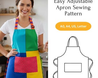 Patrón de costura de delantal ajustable en PDF, patrón de delantal de cocina y delantal para mujeres y hombres, tutorial ilustrado, descarga digital.