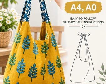 Könnte beinhalten: Ein Schnittmuster für eine Hobo-Tasche aus senfgelbem Stoff mit blauem Blattmuster und einem blau-weißen Blumenriemen. Der Text lautet Hobo Bag Sewing Pattern, A4, A0, Easy to Follow Step-by-Step Instructions, Instant Download, Print at Home or Copy Shop, A4 + A0 Included, Detailed Instructions, Beginner Friendly.