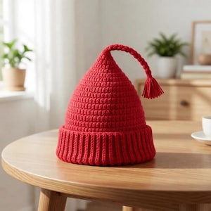 May include: A bright red, handmade crochet hat with a pointed top and a braided cord that ends in a tassel. The hat has a ribbed brim and sits on a wooden table. The hat is a winter accessory.