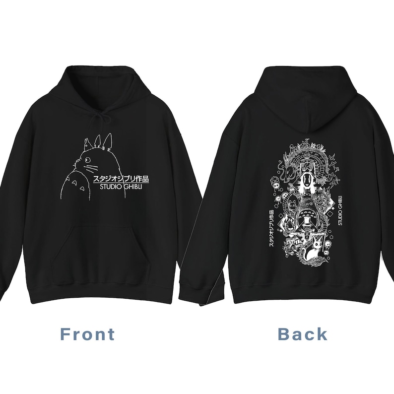 May include: Black hoodie with a white illustration of a Studio Ghibli character on the front. The back of the hoodie has a detailed white graphic with characters and text. The text "STUDIO GHIBLI" is visible. A hooded sweatshirt.