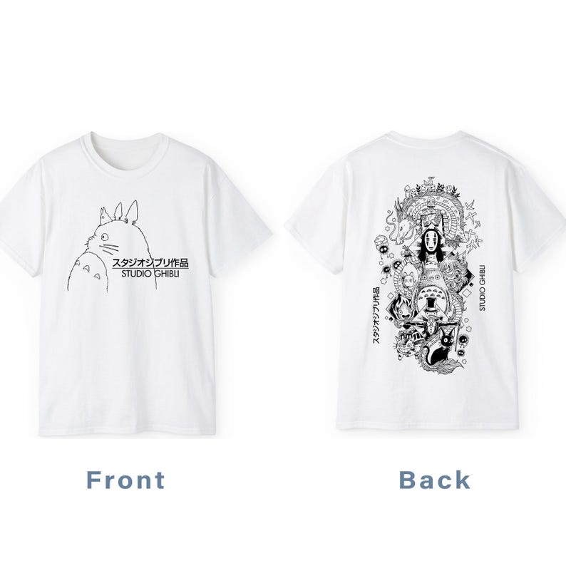 May include: White t-shirts featuring Studio Ghibli designs. The front shirt displays a Totoro illustration with Japanese text and "STUDIO GHIBLI". The back shirt has a detailed black and white graphic with Japanese text and "STUDIO GHIBLI".