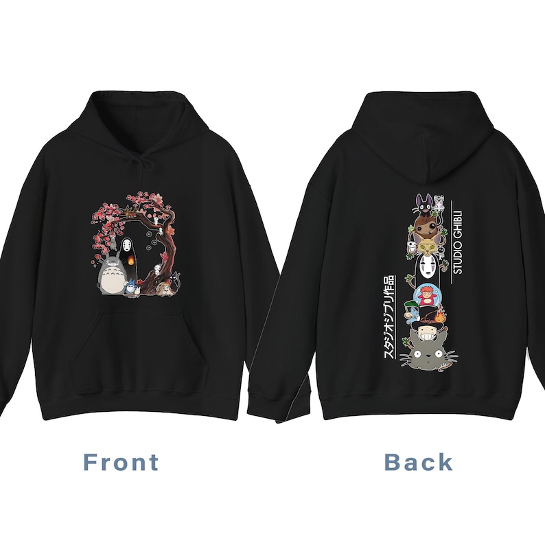 May include: Black hoodie featuring a front graphic of characters under a flowering tree and a back graphic of stacked characters with "STUDIO GHIBLI" text. The front graphic includes Totoro and No-Face.