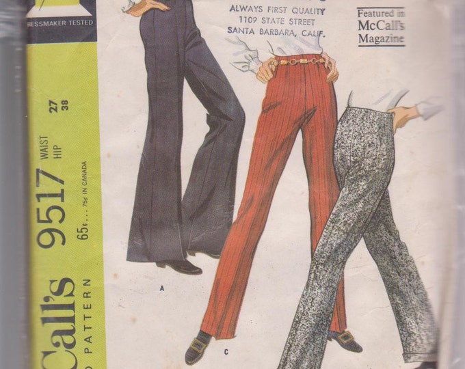 1960s Vintage Sewing Pattern for Straight Leg Cuffed Pants or Bell