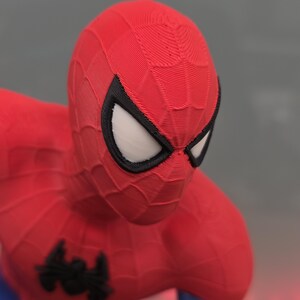 May include: A red and blue Spider-Man figurine. The figure has a red mask with white eyes outlined in black. The costume is red with a black spider emblem on the chest and blue on the lower body.