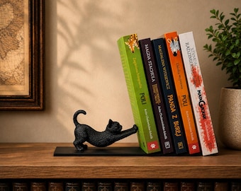Uitrekkende boekensteun zwarte kat voor boekenplankdecor, schattige boekenhouder voor katten, uniek cadeau voor kattenliefhebbers