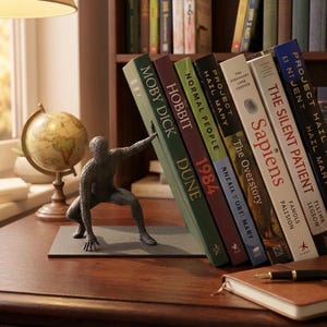 May include: A dark grey, textured 3D printed bookend shaped like a superhero in a crouching pose, supporting a row of books including titles like Moby Dick, The Hobbit, and Sapiens. The figure is positioned on a flat rectangular base.