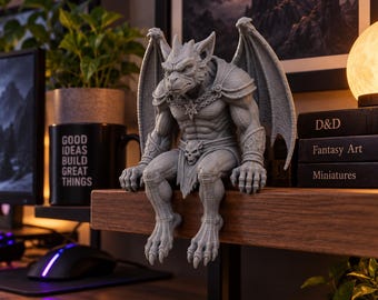 May include: A gray, muscular gargoyle figurine with large wings, pointed ears, and a skull-adorned loincloth, sitting on a wooden shelf. The creature wears a chain necklace with a star pendant and has textured skin, sharp claws, and a stern facial expression.