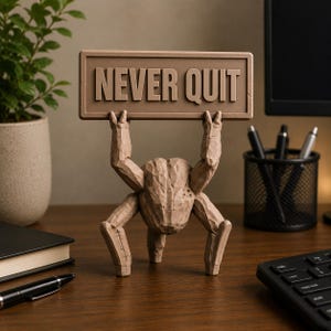 May include: A light brown, carved-style figurine of a creature with four limbs holding a rectangular sign above its head. The sign features the embossed text NEVER QUIT in a bold, sans-serif font. The object has a textured, matte finish.
