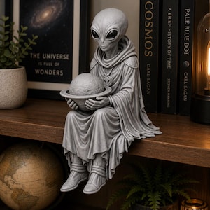 May include: A grey, seated alien figurine wearing a hooded robe and a circular pendant, holding a small model of a planet with rings in its hands. The figure has large, dark, almond-shaped eyes and is positioned on the edge of a wooden shelf.