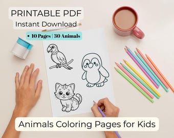 Animals Coloring Pages for Kids – 10 Pages, 30 Cute Animals – Printable PDF Activity, Easy Preschool Coloring