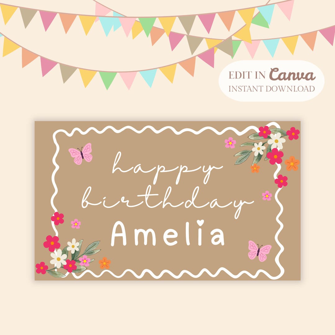 Floral Birthday Banner Template Editable in Canva, DIY Paint Banner ...