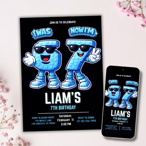 Op de afbeelding: Een zwarte verjaardagsuitnodiging met de tekst "Liam's 7e verjaardag". De uitnodiging bevat cartooncijfers met zonnebrillen. De woorden "Ik was" en "Nu ben ik" staan boven de cijfers. Een smartphone toont hetzelfde ontwerp.