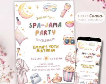 Spa-Jama Party Invitation Editable, Spa Sleepover Birthday Invite, Pajama Spa Party, Girls Slumber Party, Kids Spa Invite Template