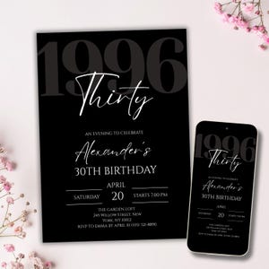 May include: Black birthday invitation with the text "1996 Thirty" in white script. The invitation includes details for a 30th birthday celebration, including the date, time, and location. A smartphone displays the same design.