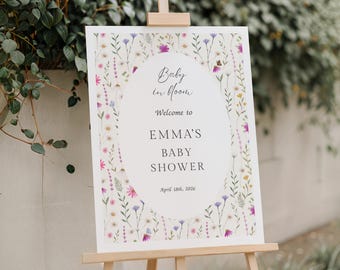 Welkomstbord met wilde bloemen voor een babyshower (Baby in Bloom), bloemenposter voor een babyshower (canvas sjabloon)