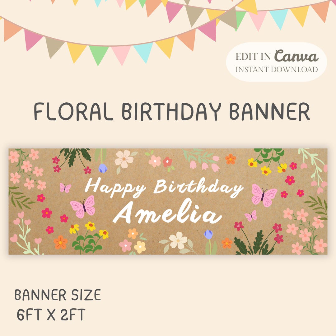 Boho Floral Birthday Banner Template, Editable Summer Party Decor ...